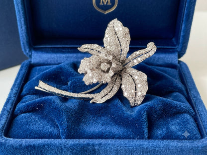 Edwardian Platinum Orchid Brooch, 5.0 Ct Old Mine Cut Diamonds, Italy