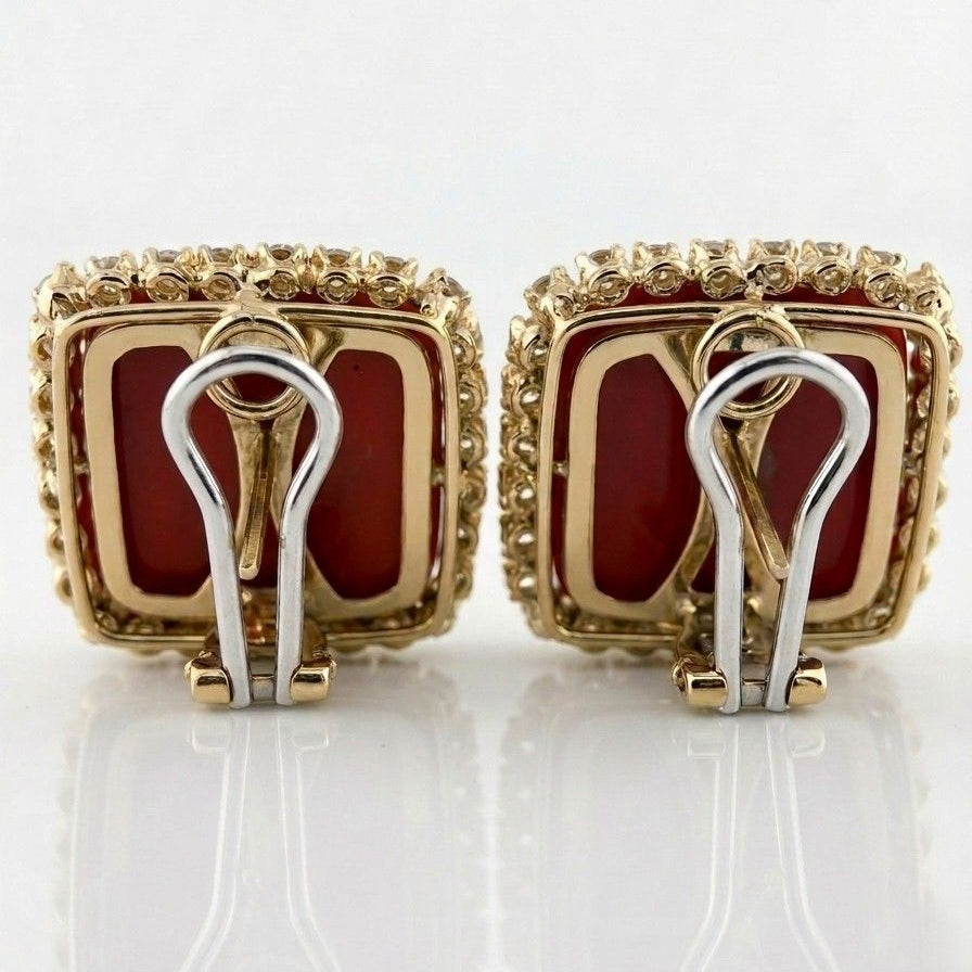 Italian Sensational Red Coral 3.00 Ct Diamond Square Earrings 18 KT