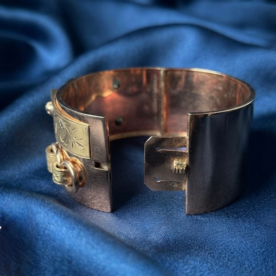 Victorian Antique Yellow Gold Wide Buckle Cuff Bangle Bracelet, Circa 1850