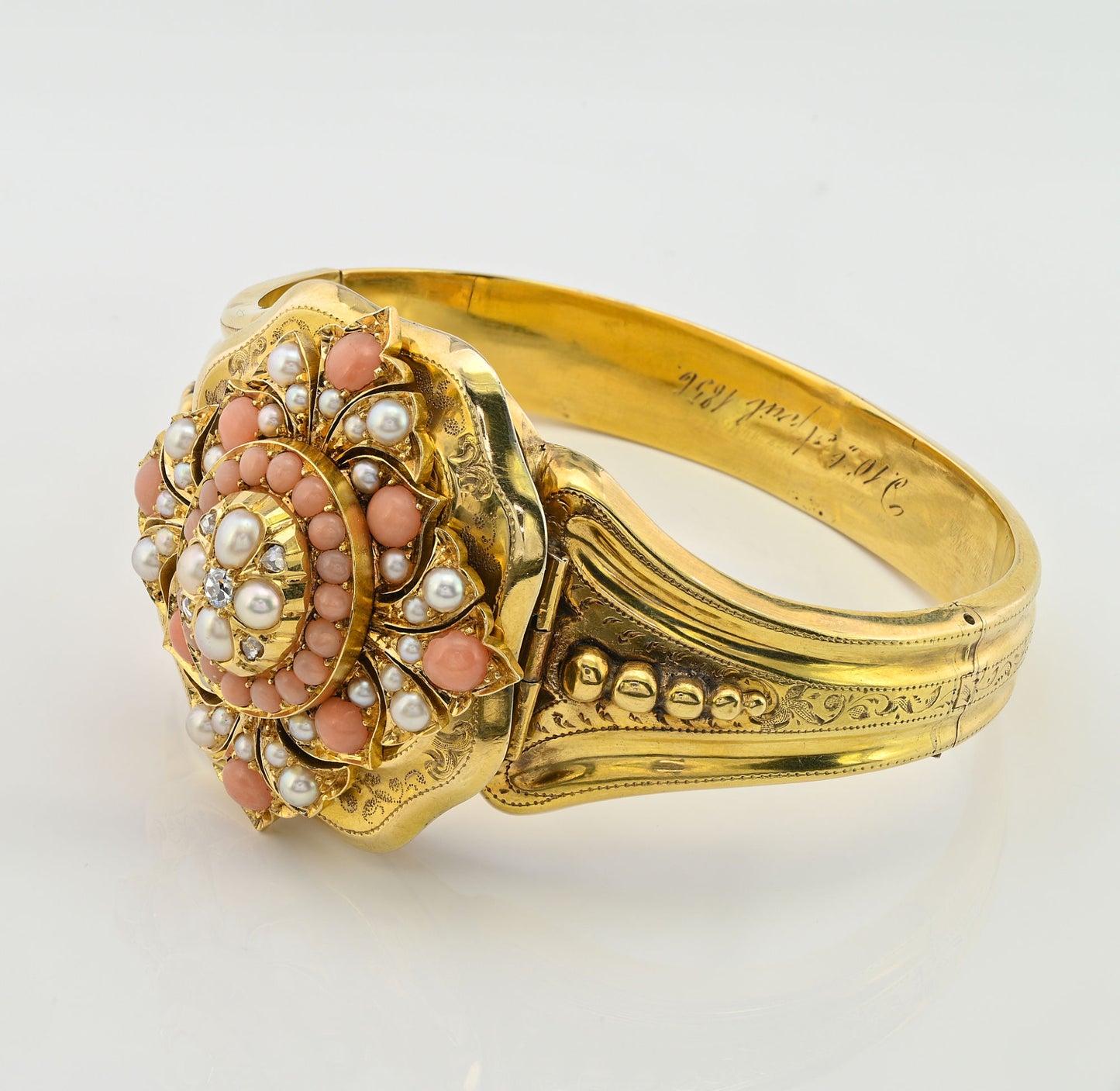 Victorian Antique Pearl Coral Diamond Gold Locket Bangle Bracelet, Circa 1856