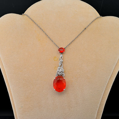 Art Deco 7.70ct Fire Opal and Diamond Pendant Necklace