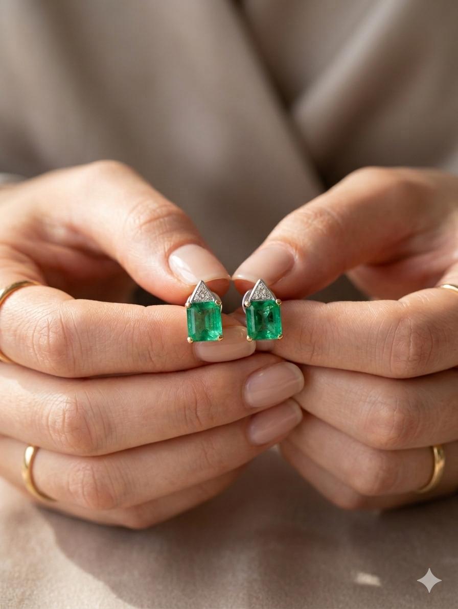 Fine 8 Carat Colombian Emerald Diamond Stud Earrings