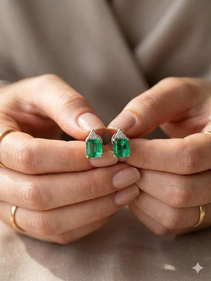 Fine 8 Carat Colombian Emerald Diamond Stud Earrings