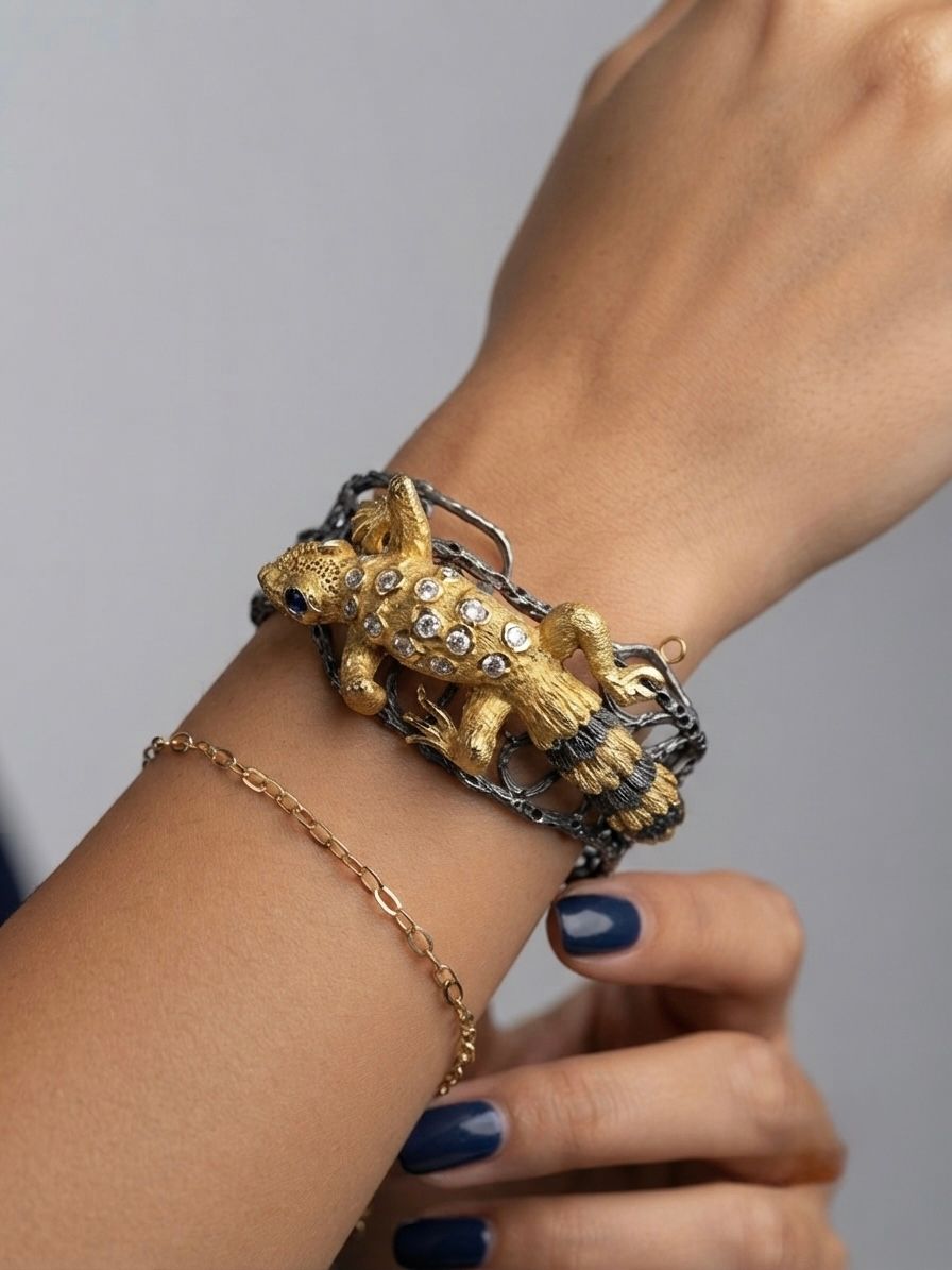 Retro Sculptured Gecko Diamond Sapphire 18 KT Rare Bangle