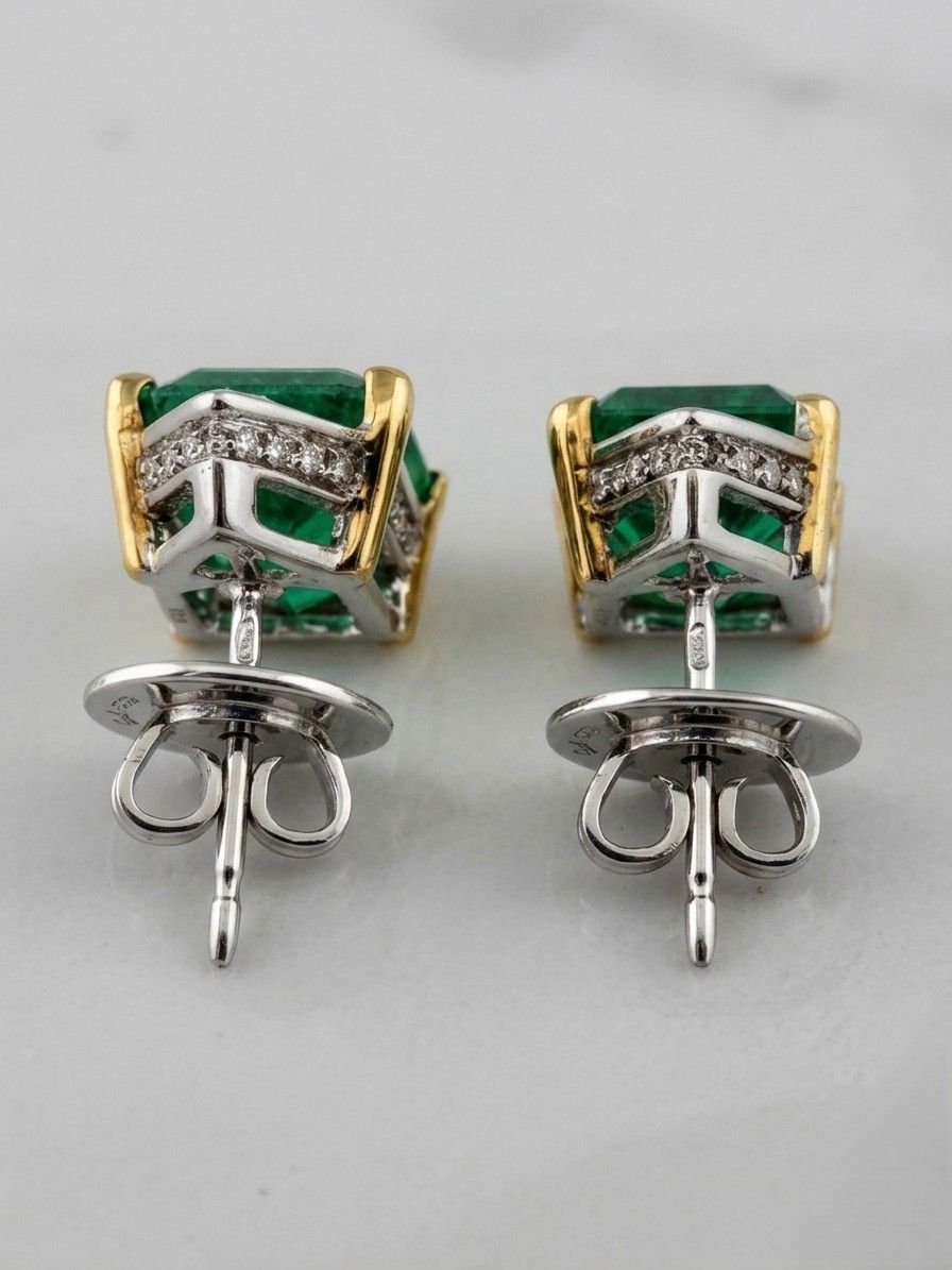 Fine 8 Carat Colombian Emerald Diamond Stud Earrings
