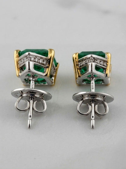 Fine 8 Carat Colombian Emerald Diamond Stud Earrings