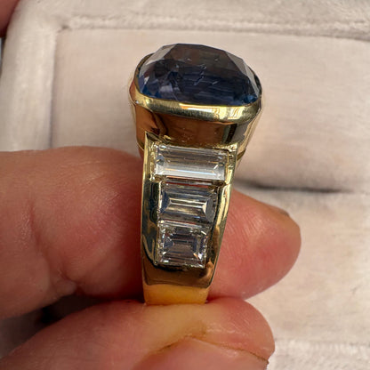 Italian Retro 10.61ct Unheated Natural No Heat Ceylon Sapphire and 2.60ct Baguette Diamond Engagement Ring in 18ct Yellow Gold