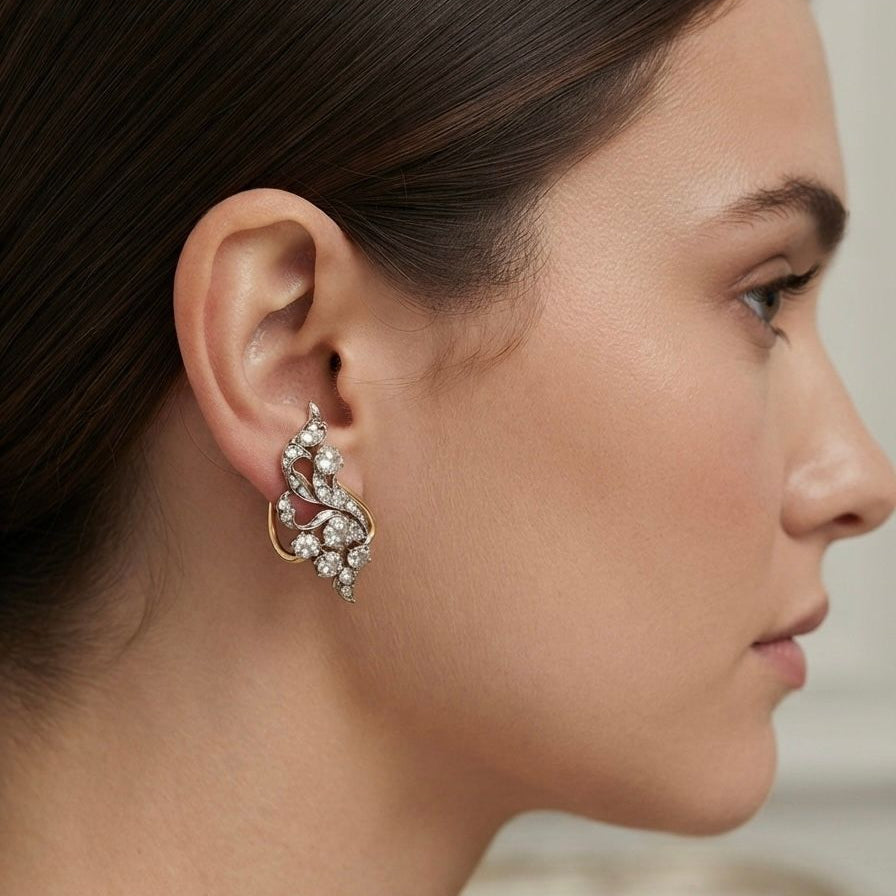 Late Art Deco 7.80ct Old Mine Cut Diamond Spray Earrings