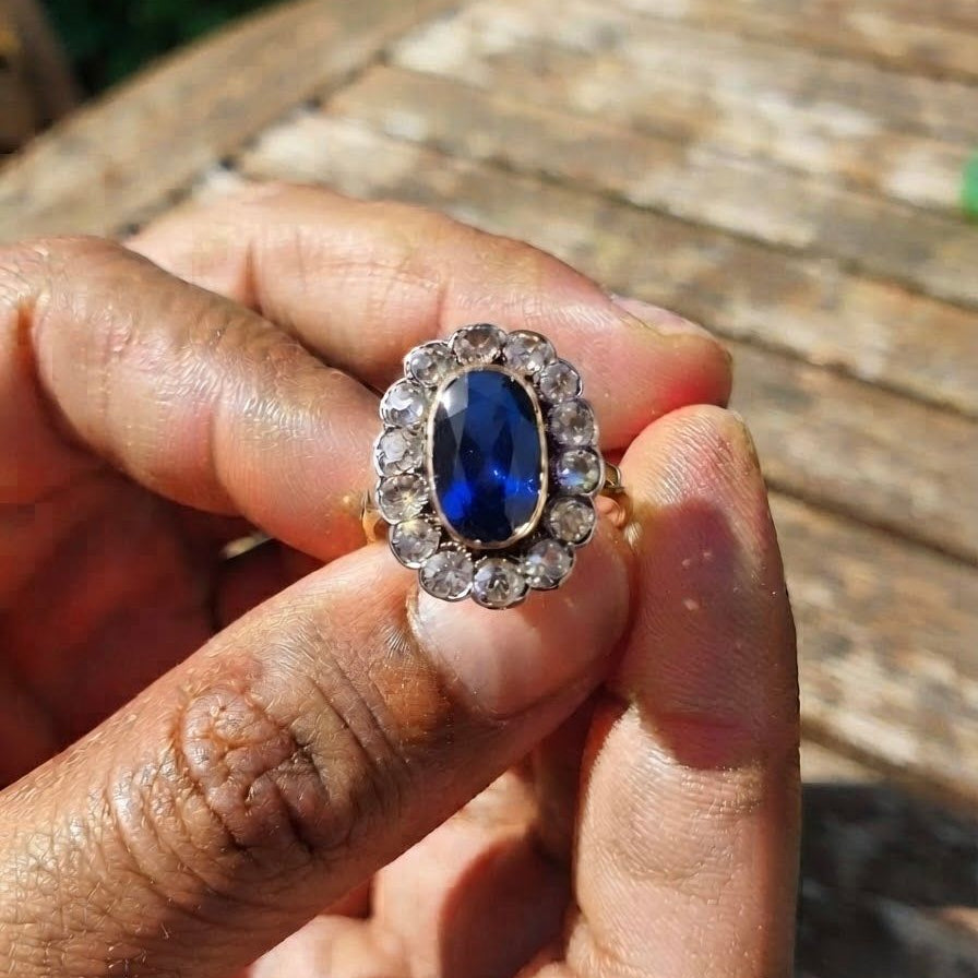Late Victorian Antique 4.18ct Natural No Heat Ceylon Sapphire and Old Diamond Cluster Engagement Ring