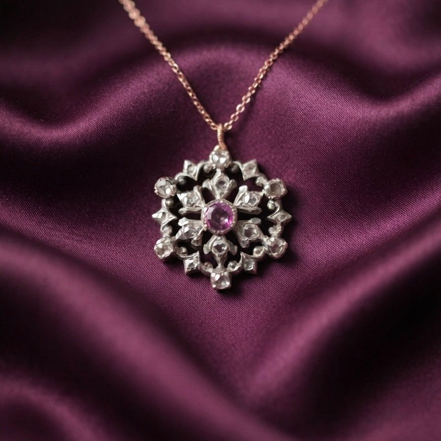Victorian Natural Ruby Rose Cut Diamond Beautiful Flower Pendant
