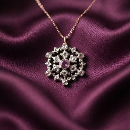 Victorian Natural Ruby Rose Cut Diamond Beautiful Flower Pendant