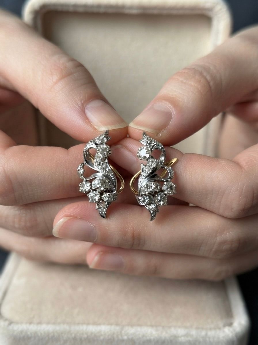 Late Art Deco 7.80ct Old Mine Cut Diamond Spray Earrings