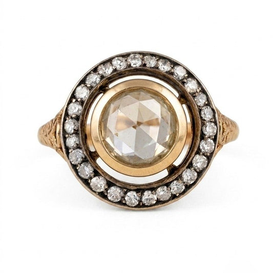 Antique Victorian 1ct Rose Cut Diamond Halo Cluster Target Engagement Ring
