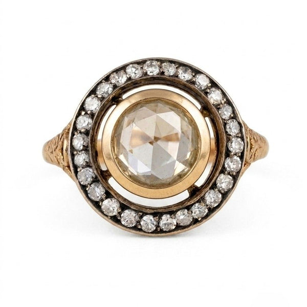 Antique Victorian 1ct Rose Cut Diamond Halo Cluster Target Engagement Ring