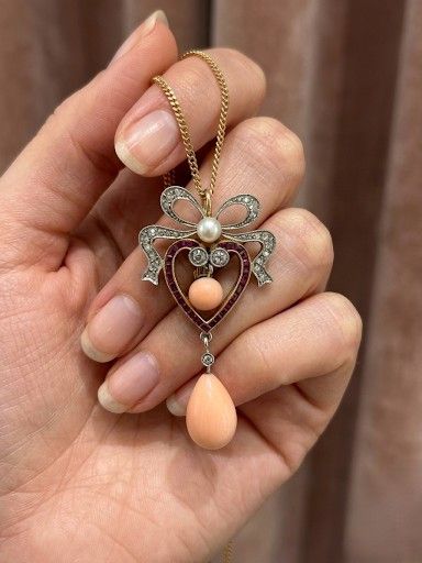 Edwardian Antique Angel Skin Coral Diamond Ruby Sweet Heart Pendant Necklace