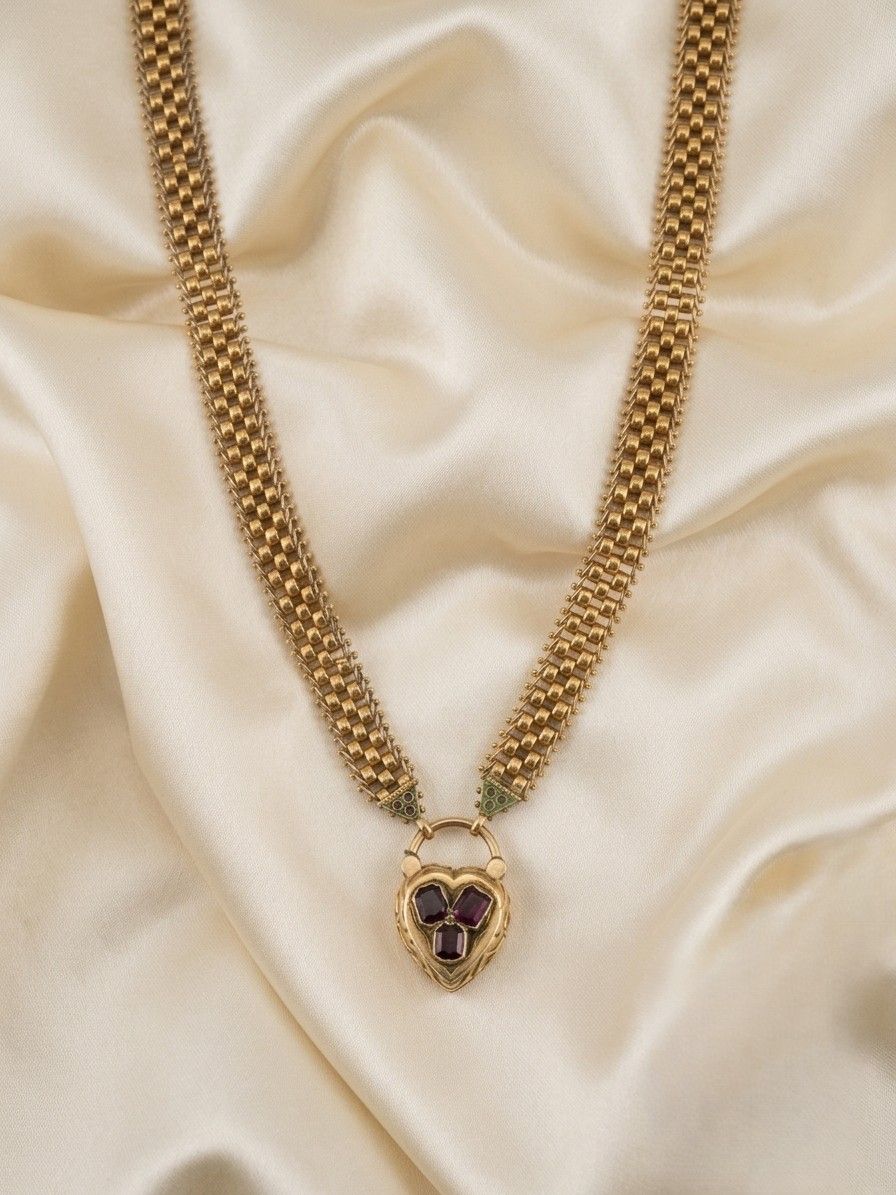Victorian 18K Yellow Gold Garnet Heart Locket Necklace, Circa 1870/80