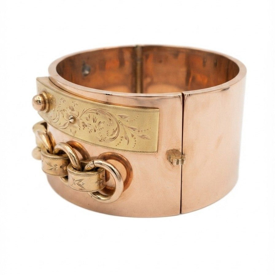 Victorian Antique Yellow Gold Wide Buckle Cuff Bangle Bracelet, Circa 1850