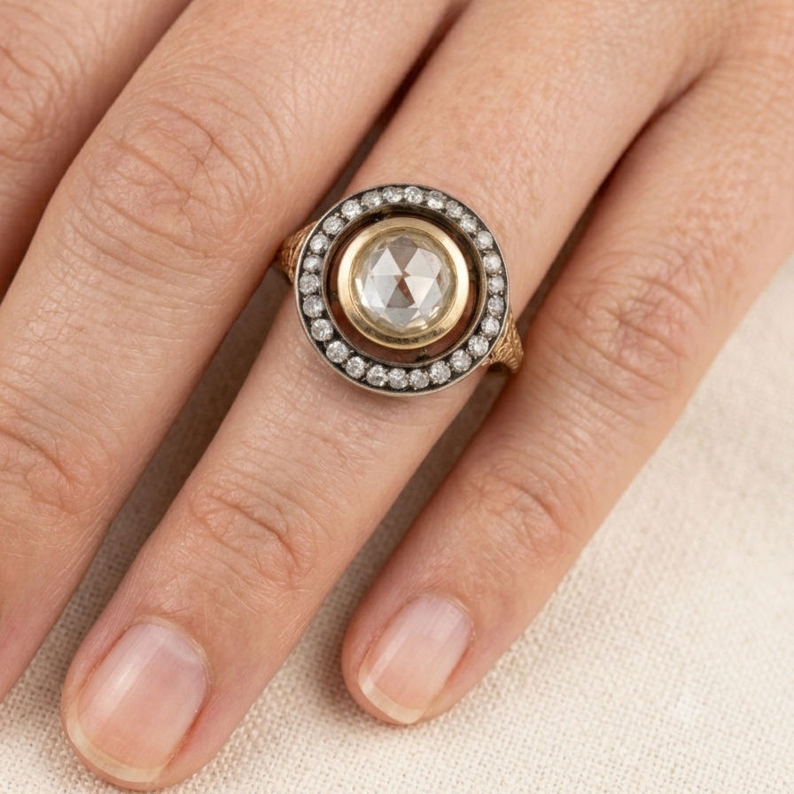 Antique Victorian 1ct Rose Cut Diamond Halo Cluster Target Engagement Ring