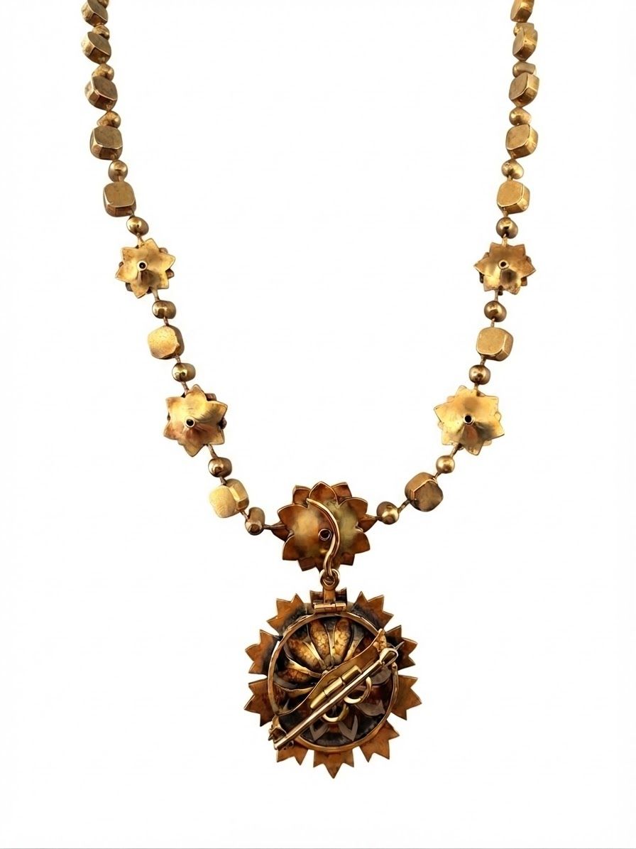 Victorian Antique Natural Pearl and Diamond Demi Parure Pendant Necklace Brooch, Circa 1860