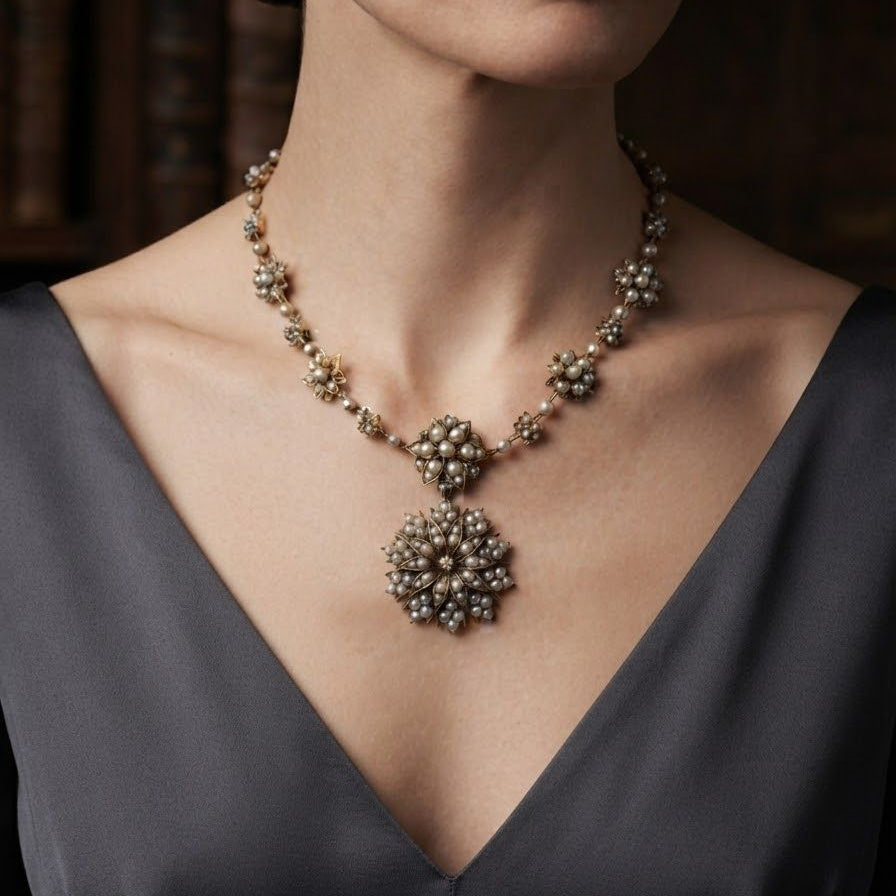 Victorian Antique Natural Pearl and Diamond Demi Parure Pendant Necklace Brooch, Circa 1860