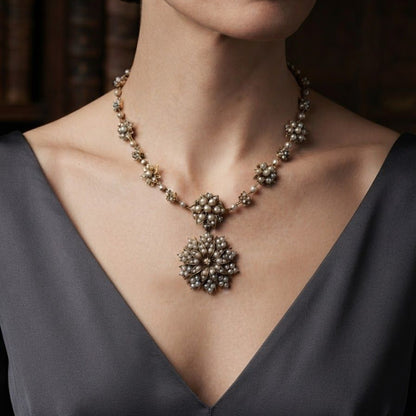 Victorian Antique Natural Pearl and Diamond Demi Parure Pendant Necklace Brooch, Circa 1860