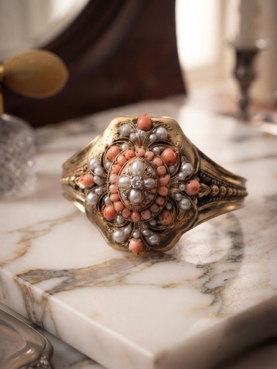 Victorian Antique Pearl Coral Diamond Gold Locket Bangle Bracelet, Circa 1856