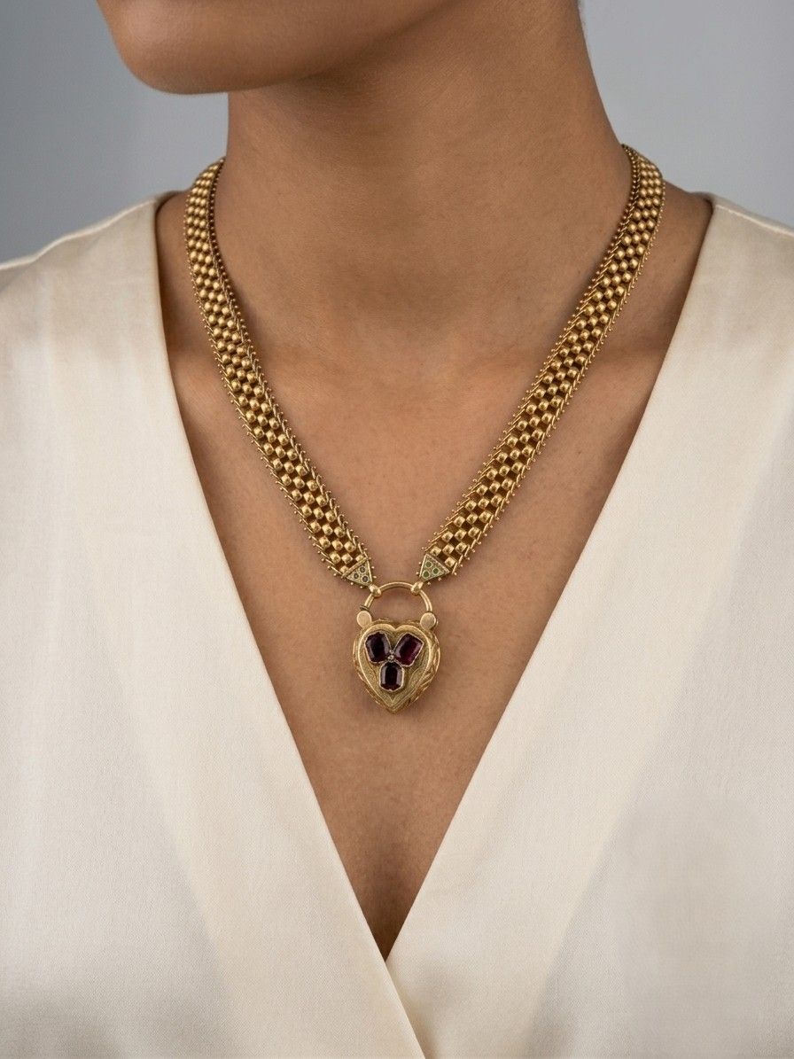 Victorian 18K Yellow Gold Garnet Heart Locket Necklace, Circa 1870/80