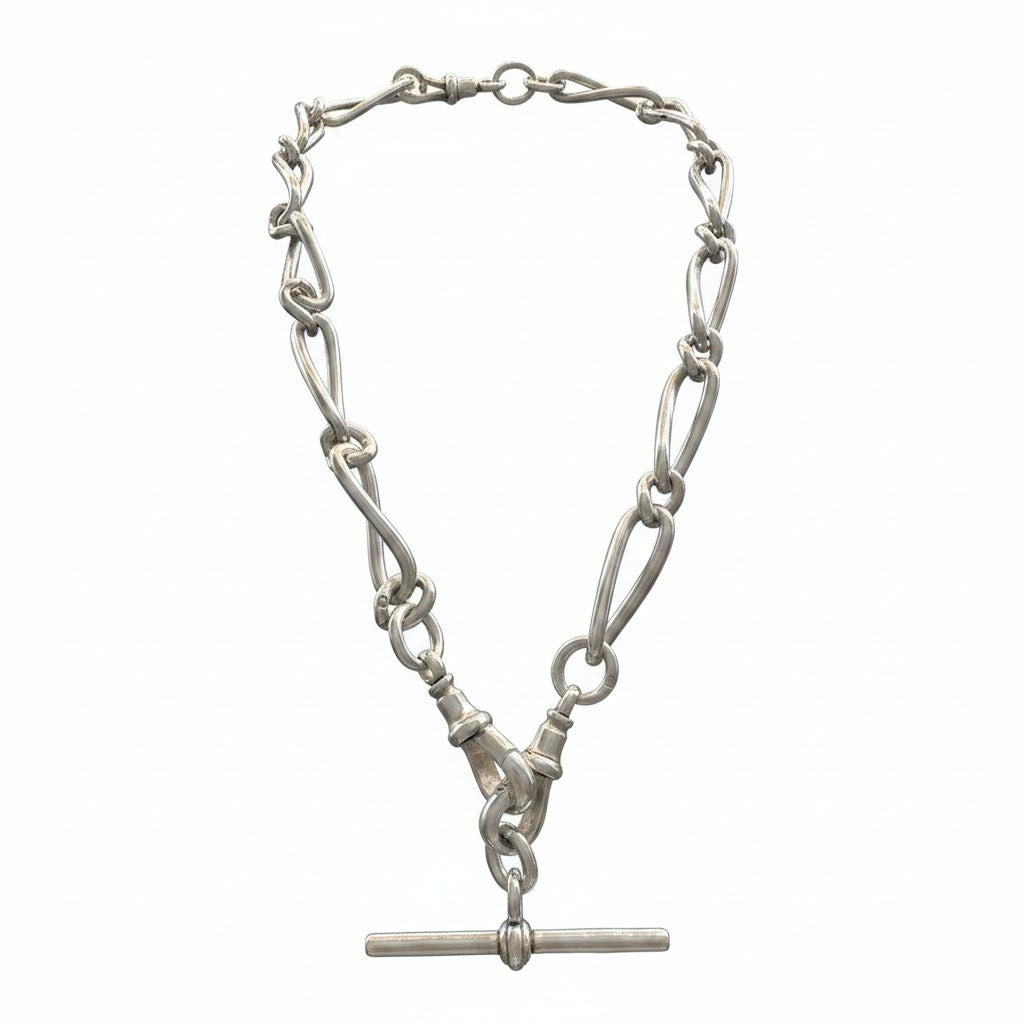 Victorian Antique Trombone Link Silver Albert Chain Necklace, Circa 1892