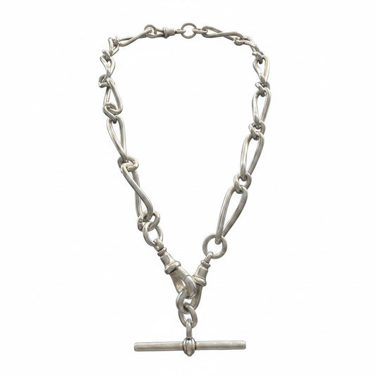 Victorian Antique Trombone Link Silver Albert Chain Necklace, Circa 1892
