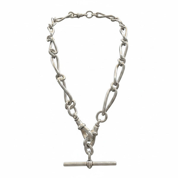 Victorian Antique Trombone Link Silver Albert Chain Necklace, Circa 1892