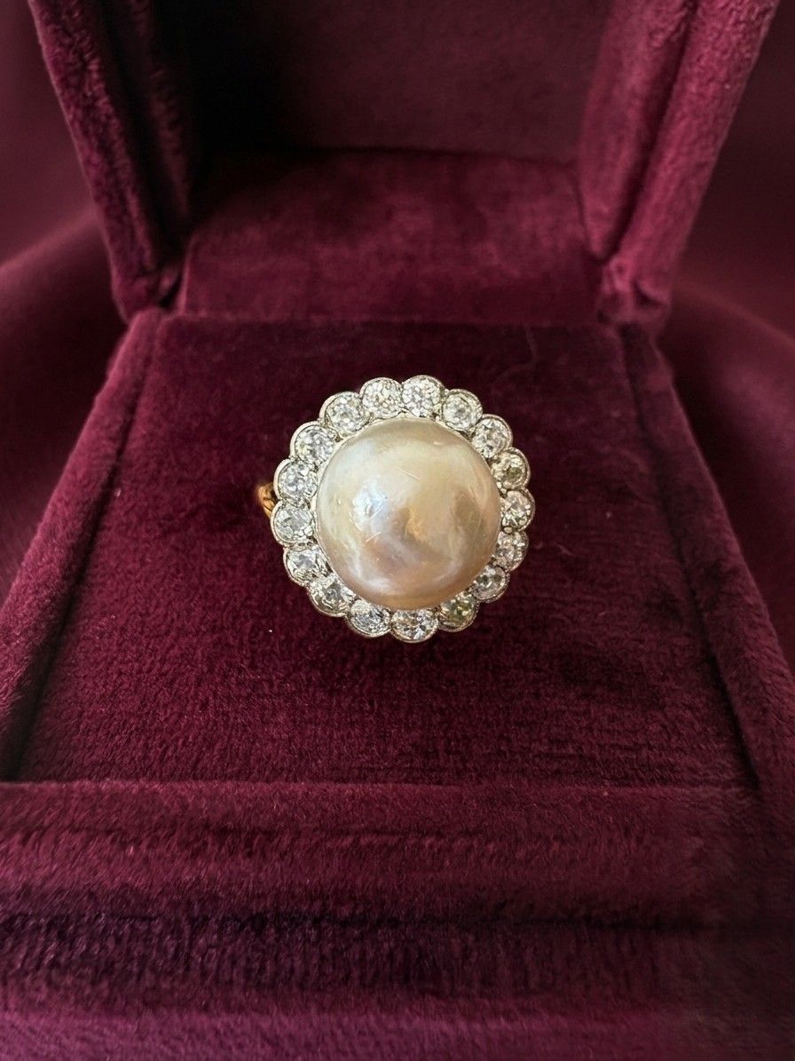 Edwardian 12 MM. Mabe Split Pearl 1.60 Ct Diamond Engagement Ring