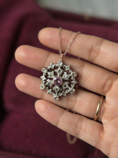 Victorian Natural Ruby Rose Cut Diamond Beautiful Flower Pendant