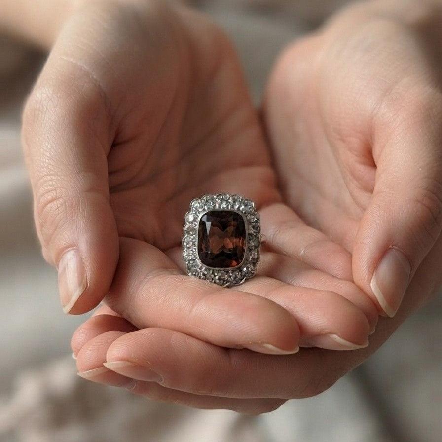Edwardian Madeira Citrine Diamond Platinum 14 KT ring