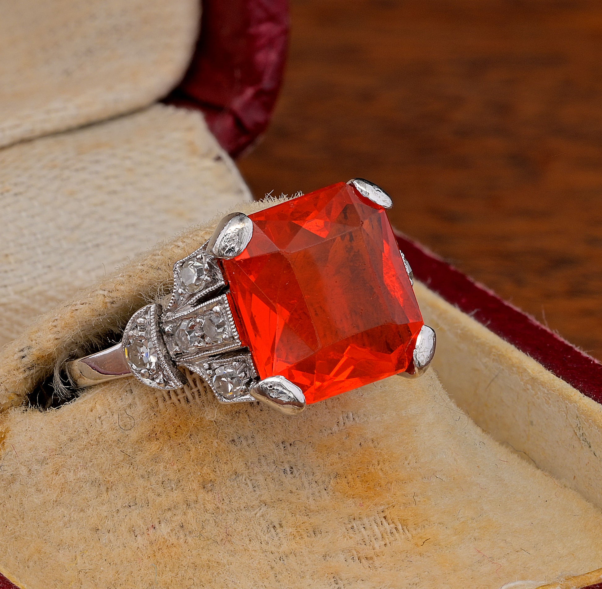 Edwardian Antique 2ct Fire Opal and Diamond Dress Ring