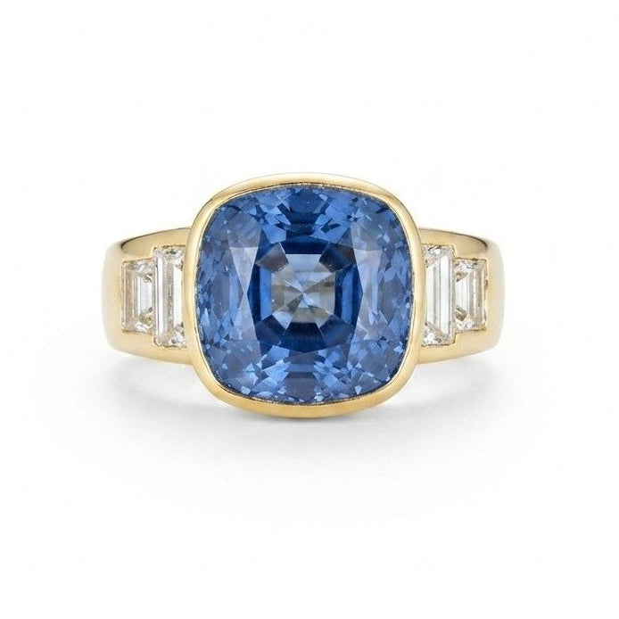 Italian Retro 10.61ct Unheated Natural No Heat Ceylon Sapphire and 2.60ct Baguette Diamond Engagement Ring in 18ct Yellow Gold