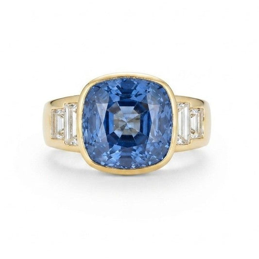 Italian Retro 10.61ct Unheated Natural No Heat Ceylon Sapphire and 2.60ct Baguette Diamond Engagement Ring in 18ct Yellow Gold