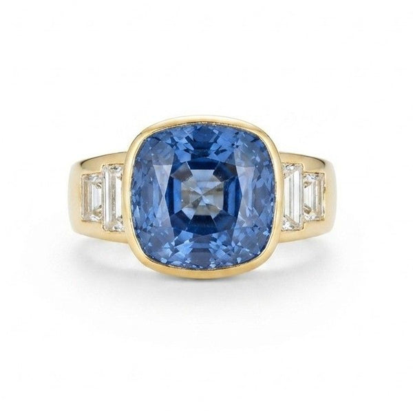 Italian Retro 10.61ct Unheated Natural No Heat Ceylon Sapphire and 2.60ct Baguette Diamond Engagement Ring in 18ct Yellow Gold
