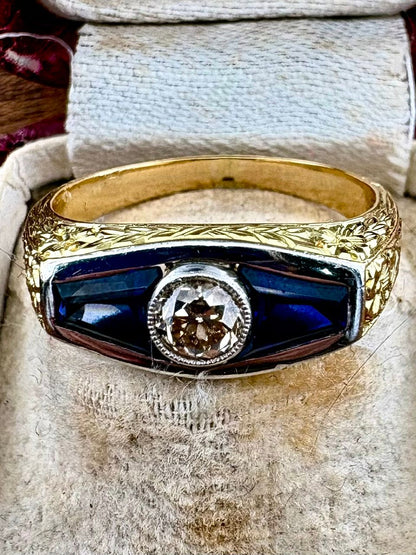 Italian Edwardian Verneuil Sapphire Diamond Three Stone Gent ring 18 KT