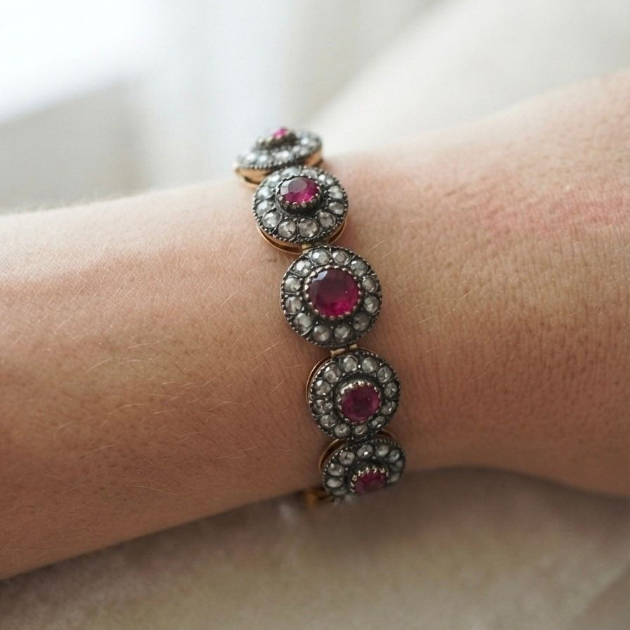 Victorian 18Kt Gold Ruby and Rose Cut Diamond Bangle, Circa 1890