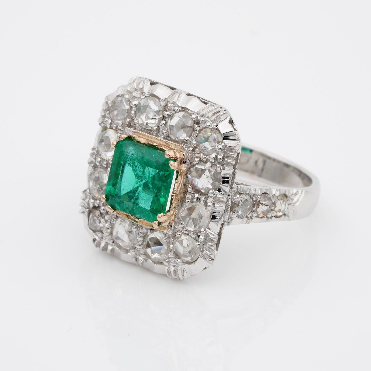 Art Deco 1.30ct Colombian Emerald and 2.40ct Rose Cut Diamond Cluster Ring