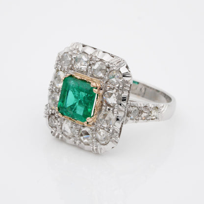 Art Deco 1.30ct Colombian Emerald and 2.40ct Rose Cut Diamond Cluster Ring
