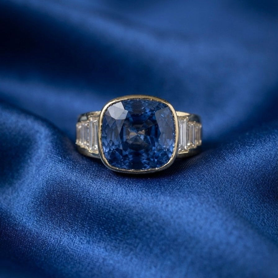 Italian Retro 10.61ct Unheated Natural No Heat Ceylon Sapphire and 2.60ct Baguette Diamond Engagement Ring in 18ct Yellow Gold