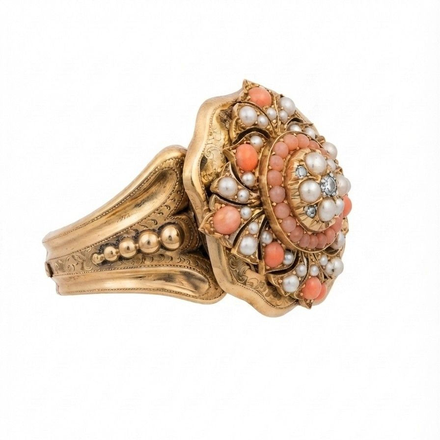 Victorian Antique Pearl Coral Diamond Gold Locket Bangle Bracelet, Circa 1856