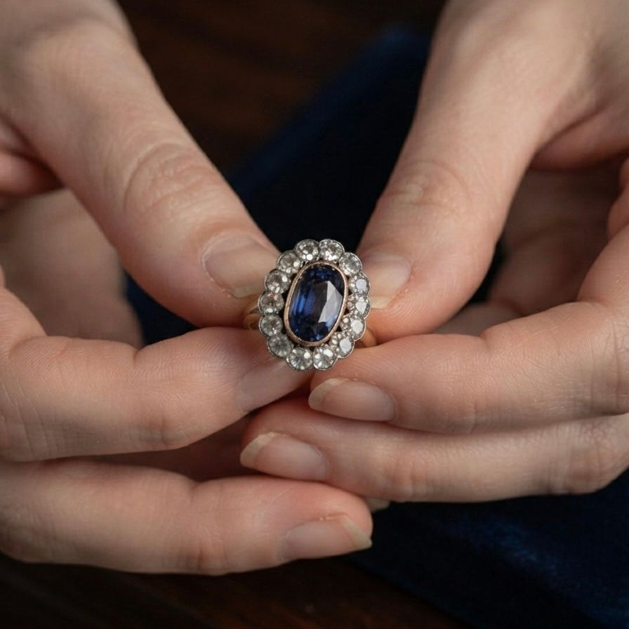 Late Victorian Antique 4.18ct Natural No Heat Ceylon Sapphire and Old Diamond Cluster Engagement Ring