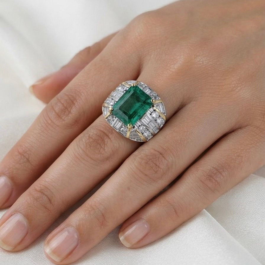 Italian Retro Colombian Emerald and 5ct Diamond Cocktail Ring