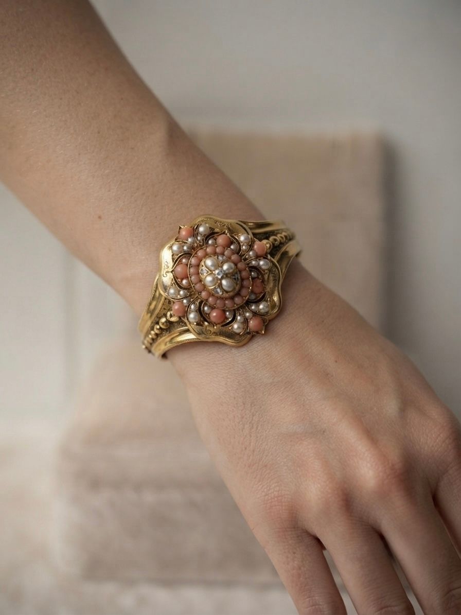 Victorian Antique Pearl Coral Diamond Gold Locket Bangle Bracelet, Circa 1856