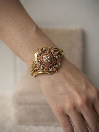 Victorian Antique Pearl Coral Diamond Gold Locket Bangle Bracelet, Circa 1856