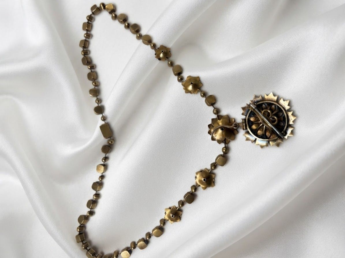 Victorian Antique Natural Pearl and Diamond Demi Parure Pendant Necklace Brooch, Circa 1860