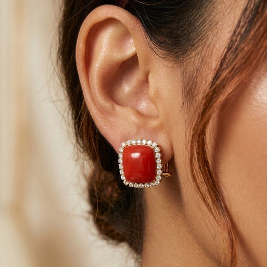 Italian Sensational Red Coral 3.00 Ct Diamond Square Earrings 18 KT