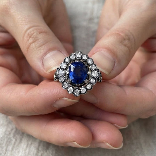Edwardian Style 2.77ct Natural No Heat Cobalt Blue Sapphire and Diamond Cluster Engagement Ring